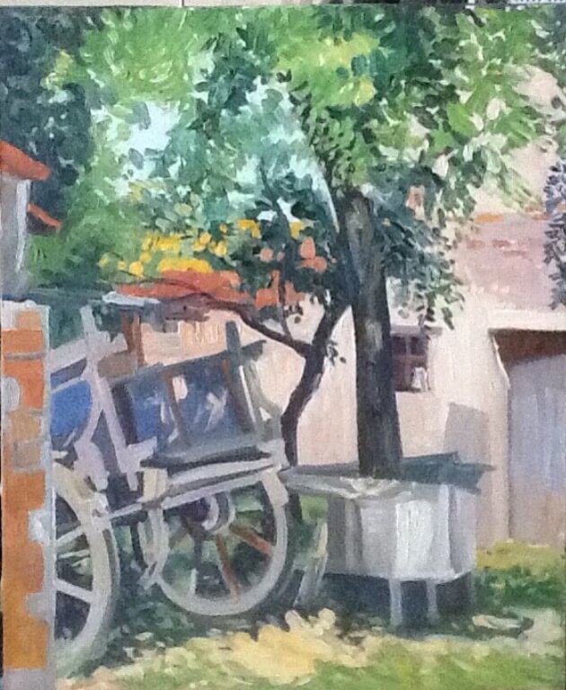 Italian farm oil of tree and cart William Lonsdale artist