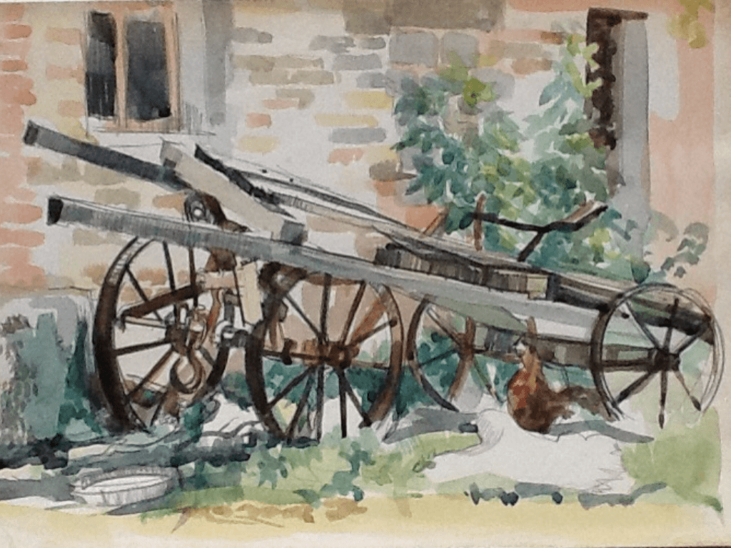 Italian farm water colour of tree and cart William Lonsdale artist