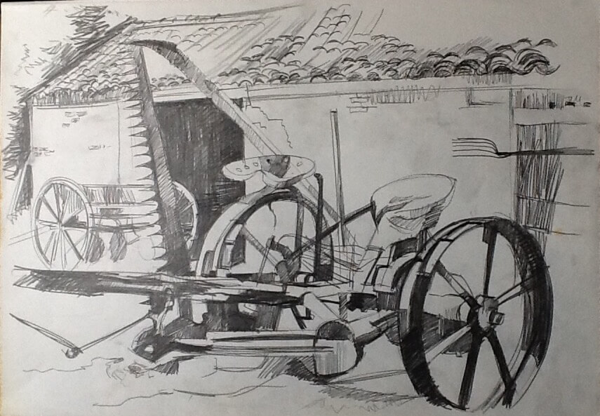 pencil drawing of cart Italian farm William Lonsdale artist