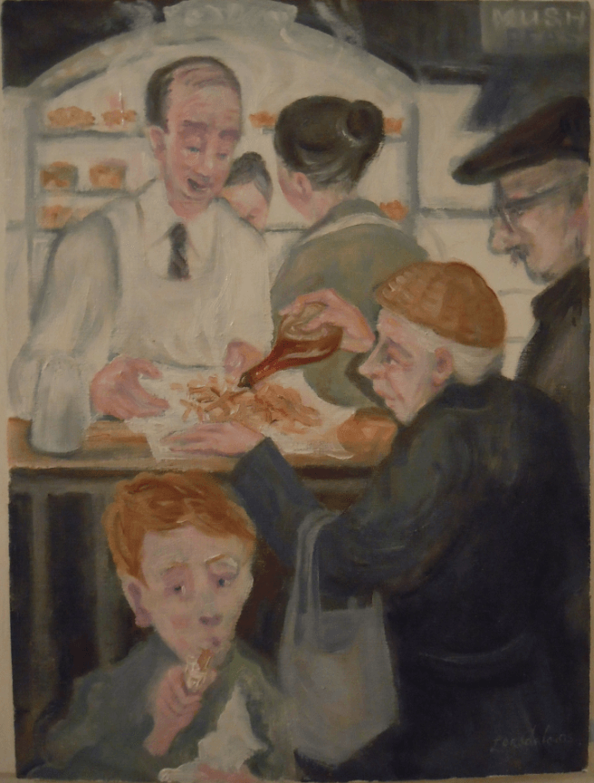 boy eating sausage oil painting William Lonsdale artist